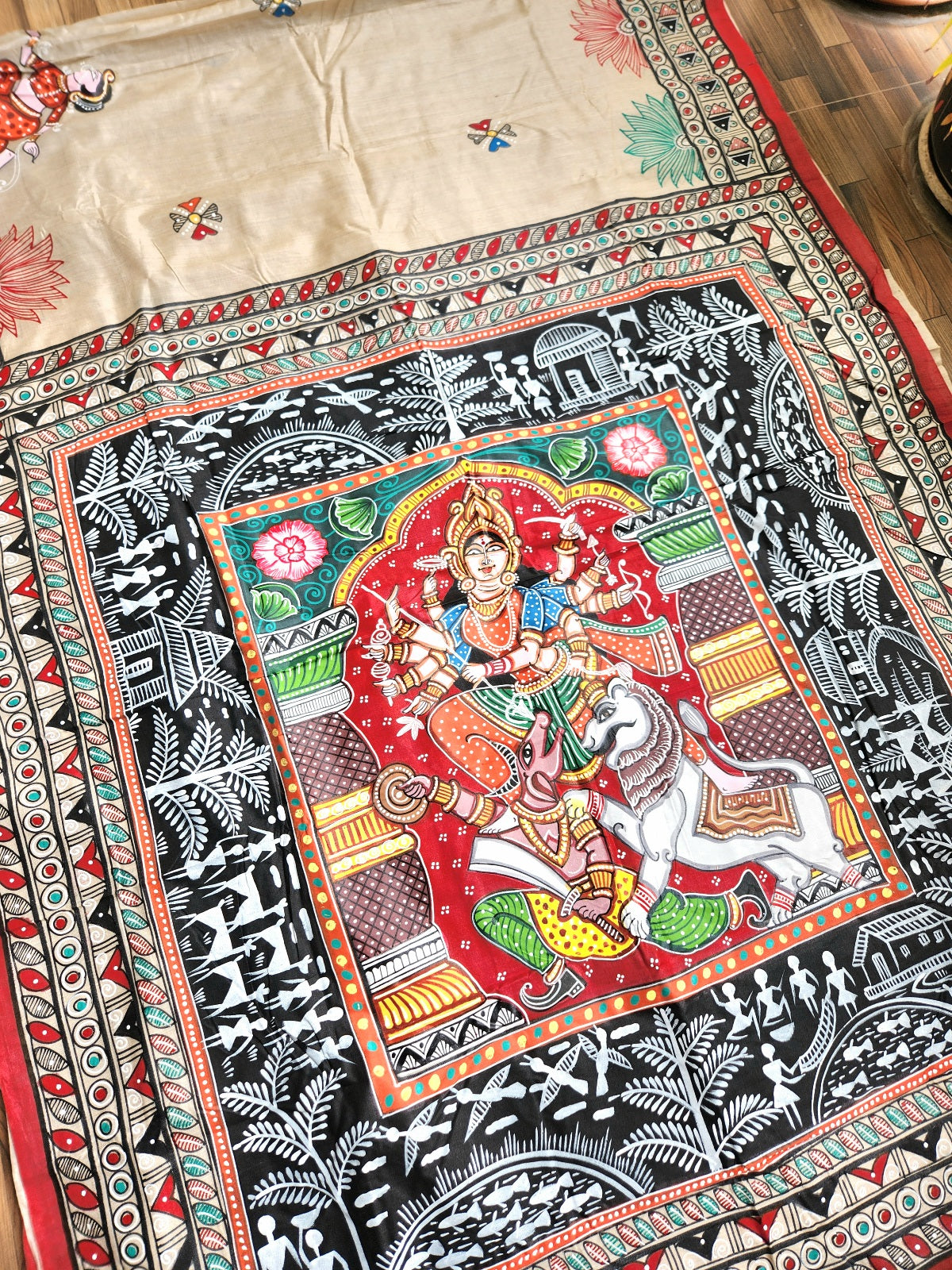 Pattachitra saree red saree wedding saree wedding shopping mehndi look Durga saree