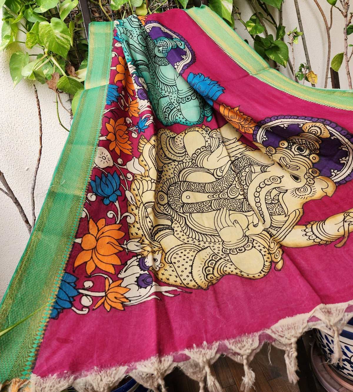 pen kalamkari silk dupatta Pink dupatta Indian gifts rakhi gifts Ganesha