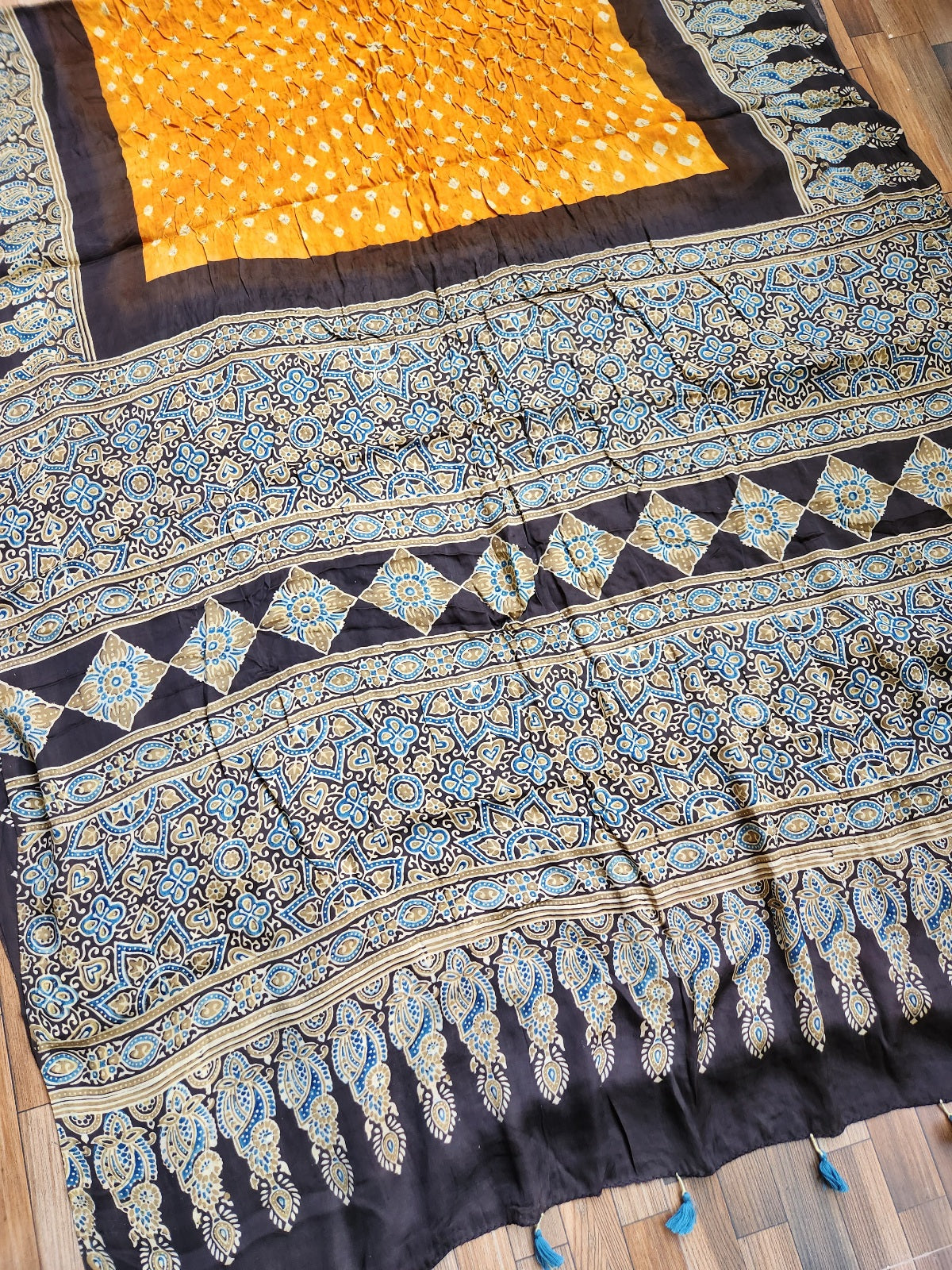 ajrakh saree indian sarees ajrakh bandhani yellow saree festival shopping haldioutfit