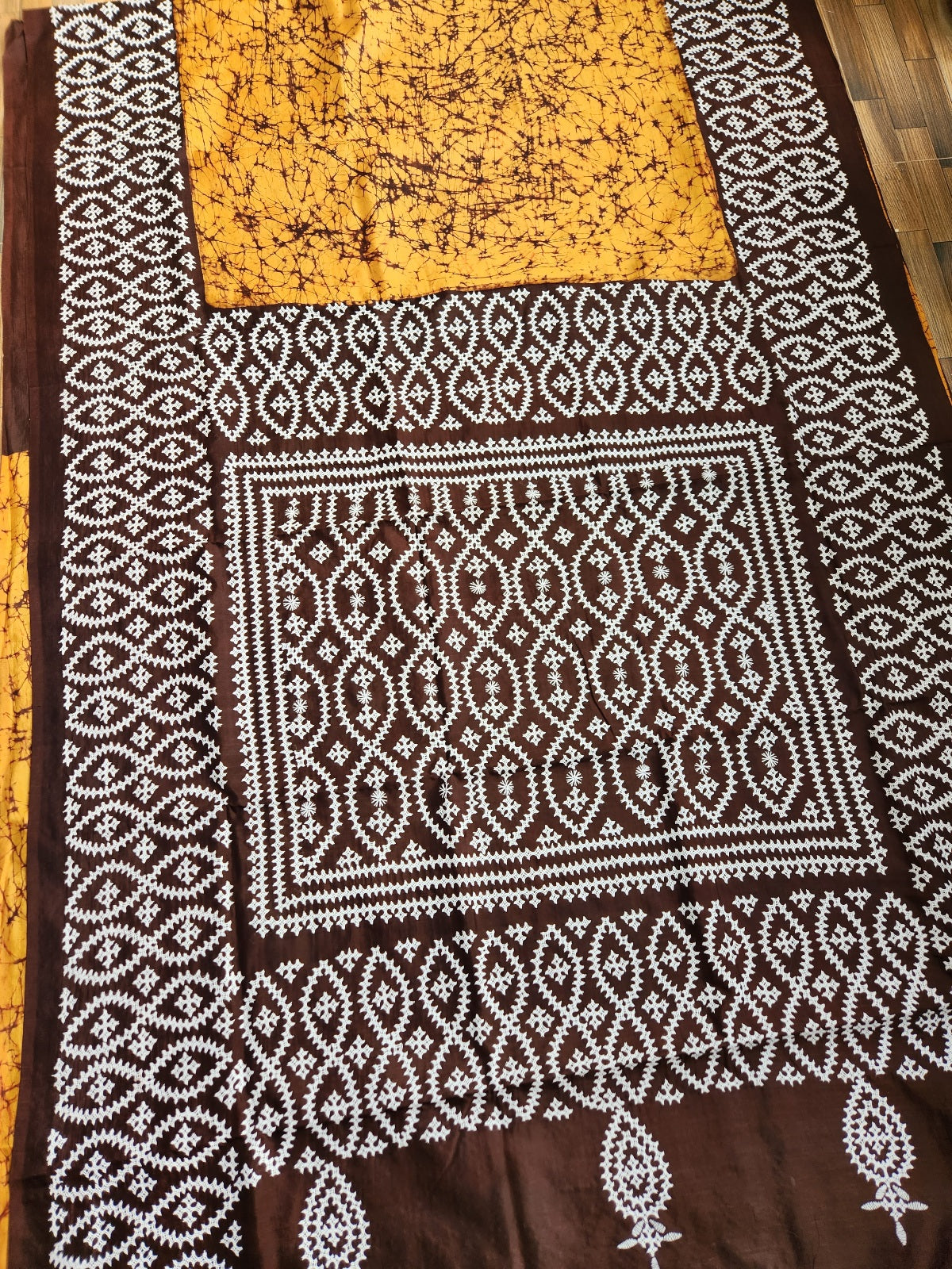 Batik kutchwork saree yellow saree silk saree haldi look wedding sarees haldi yellow