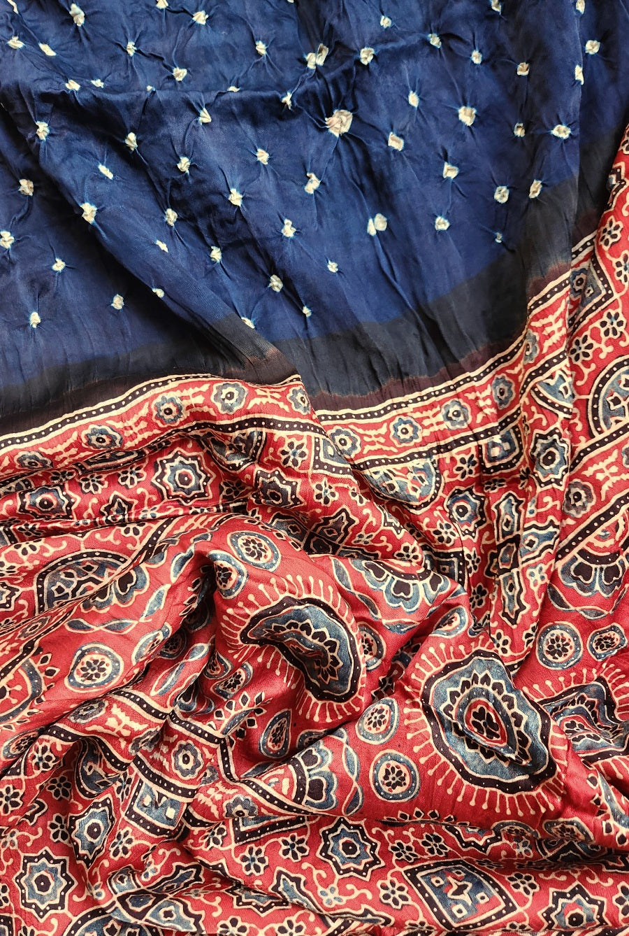 ajrakh saree indian sarees ajrakh bandhani red saree festival shopping haldioutfit bandhani saree