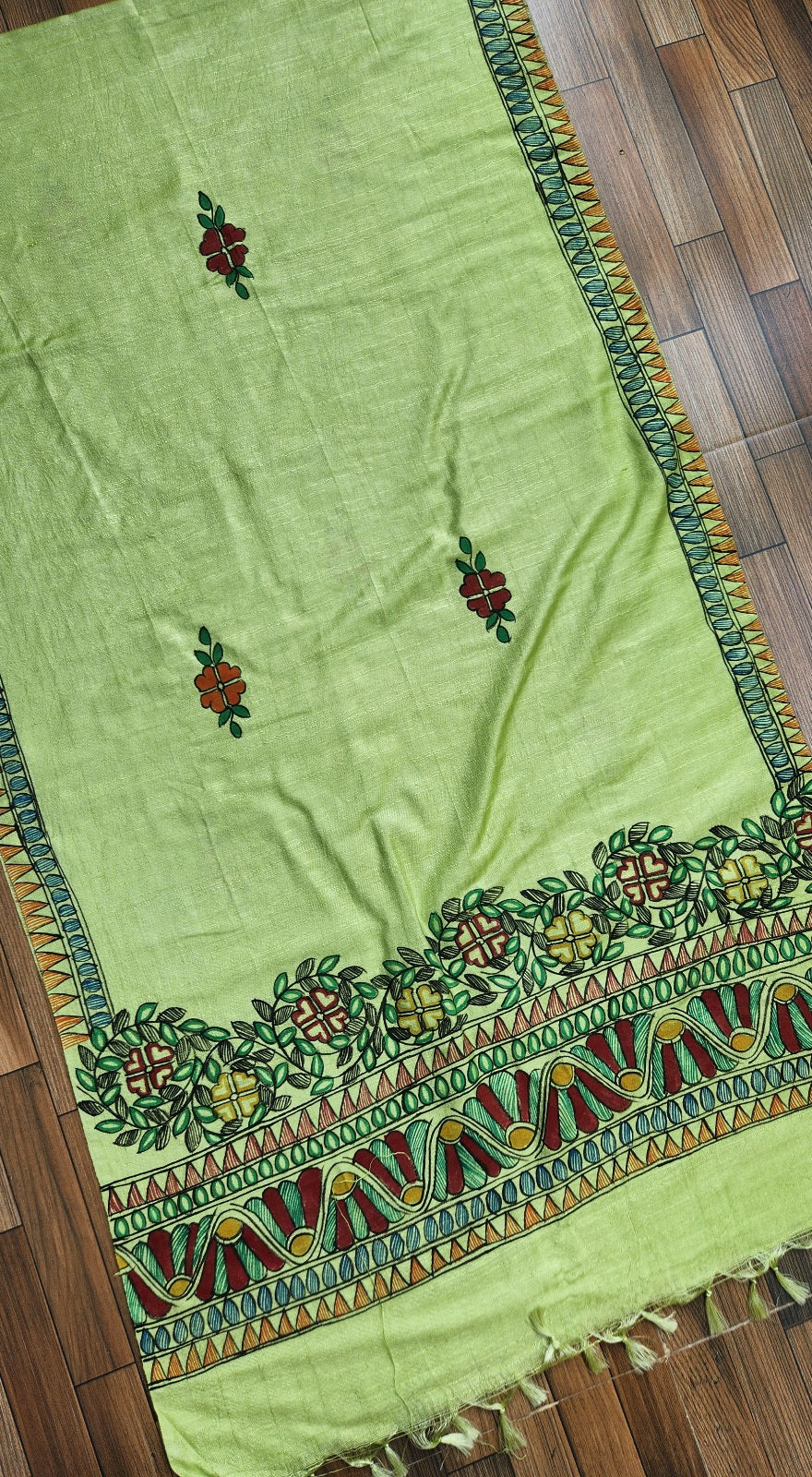 Madhubani stole Indian gfits Handmade gifts green mehndi look