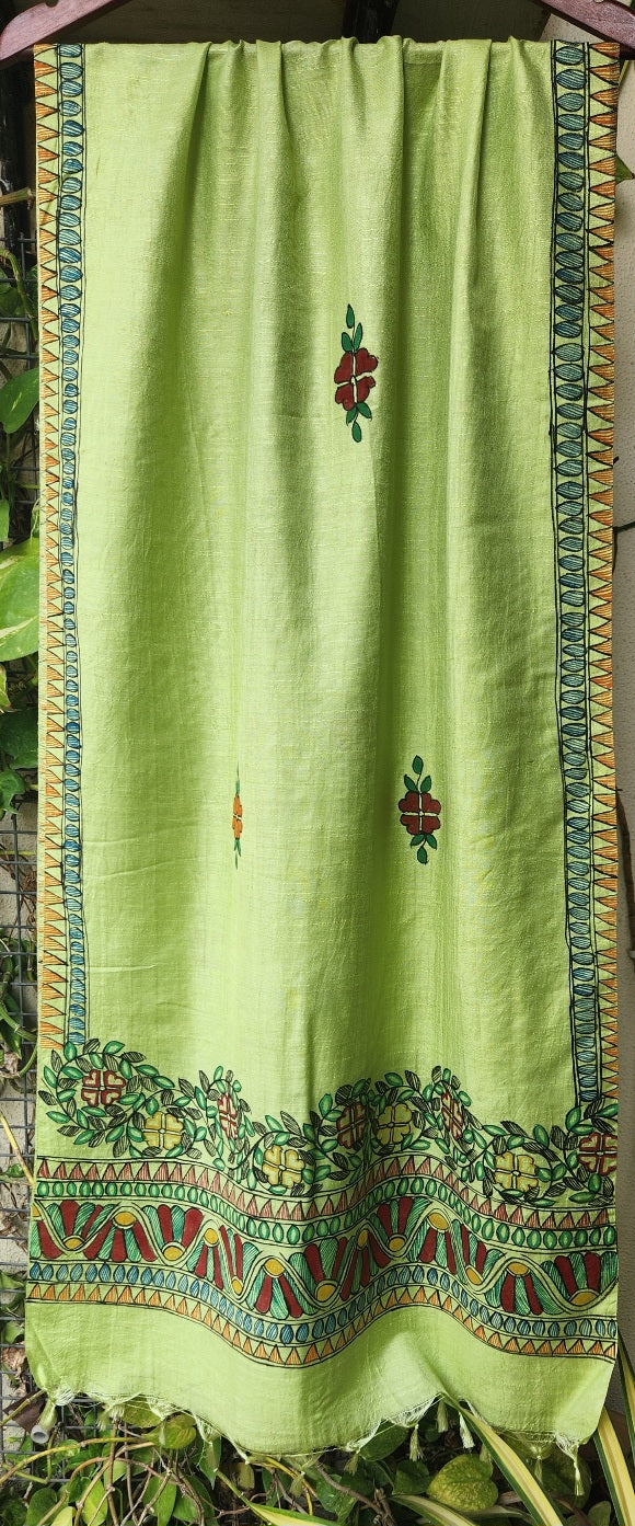 Madhubani stole Indian gfits Handmade gifts green mehndi look