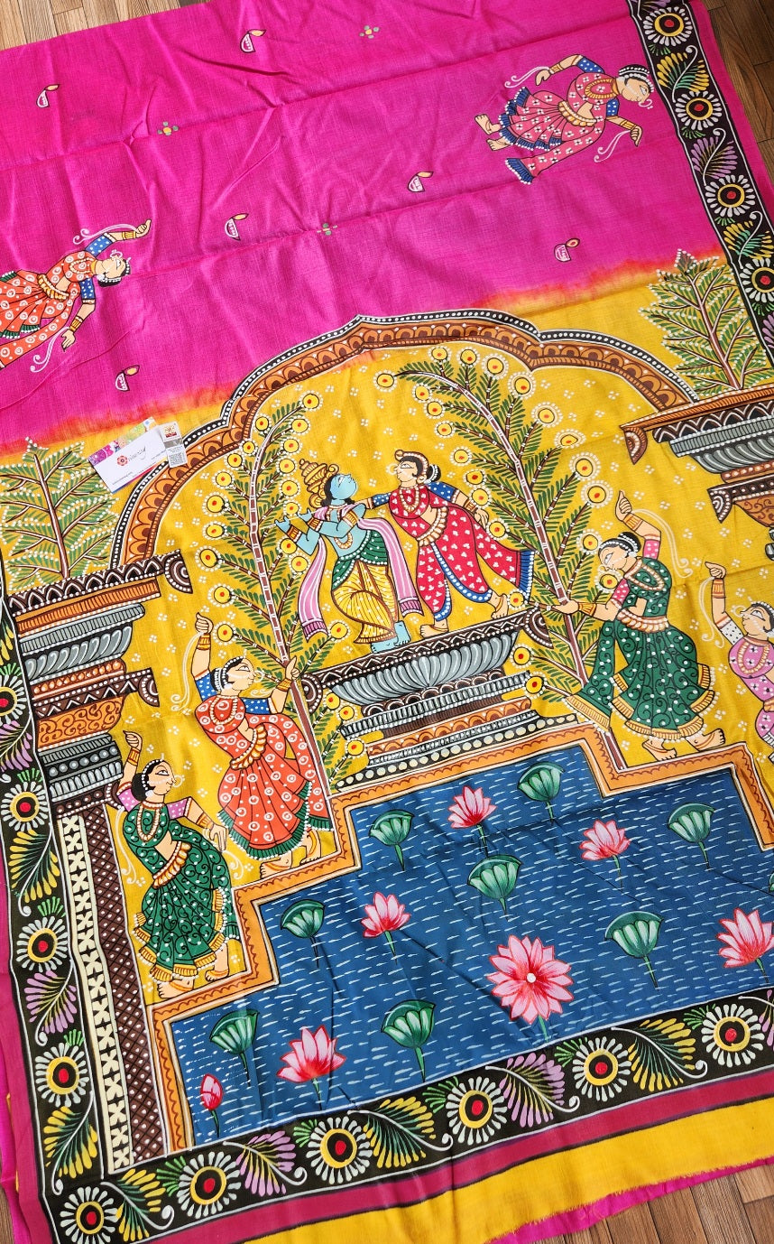 Pattachitra saree Pink saree wedding saree wedding shopping mehndi look Krishna Leela