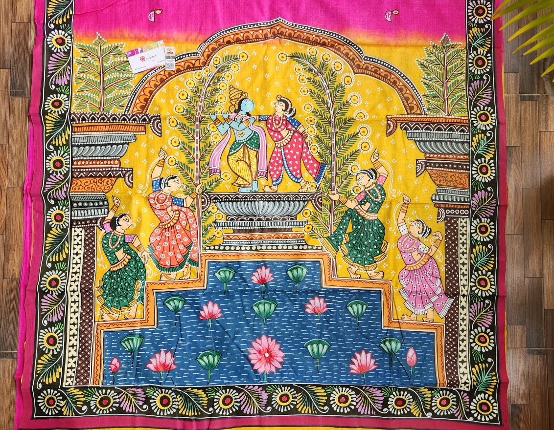 Pattachitra saree Pink saree wedding saree wedding shopping mehndi look Krishna Leela