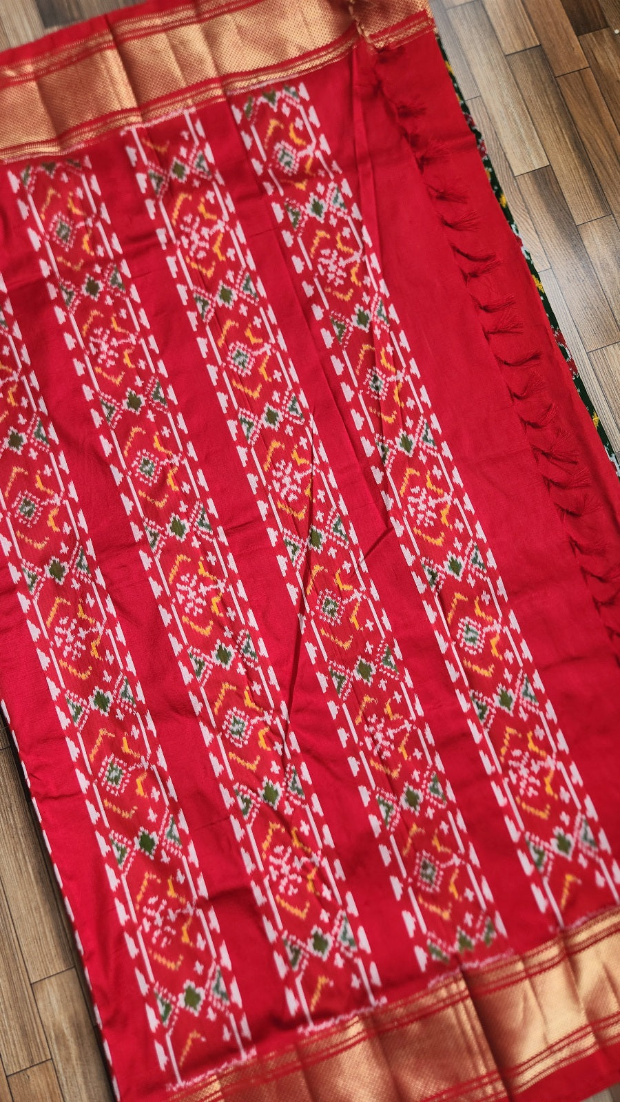 Ikat Silk Saree wedding shopping red saree green saree auspicious look Durag Puja saree mehndilook