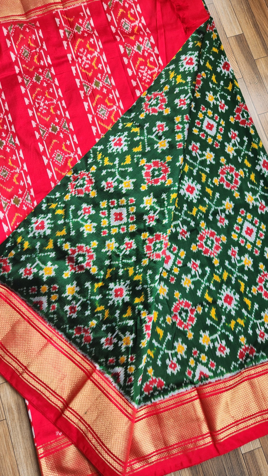 Ikat Silk Saree wedding shopping red saree green saree auspicious look Durag Puja saree mehndilook