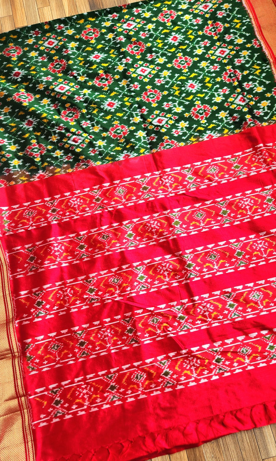 Ikat Silk Saree wedding shopping red saree green saree auspicious look Durag Puja saree mehndilook
