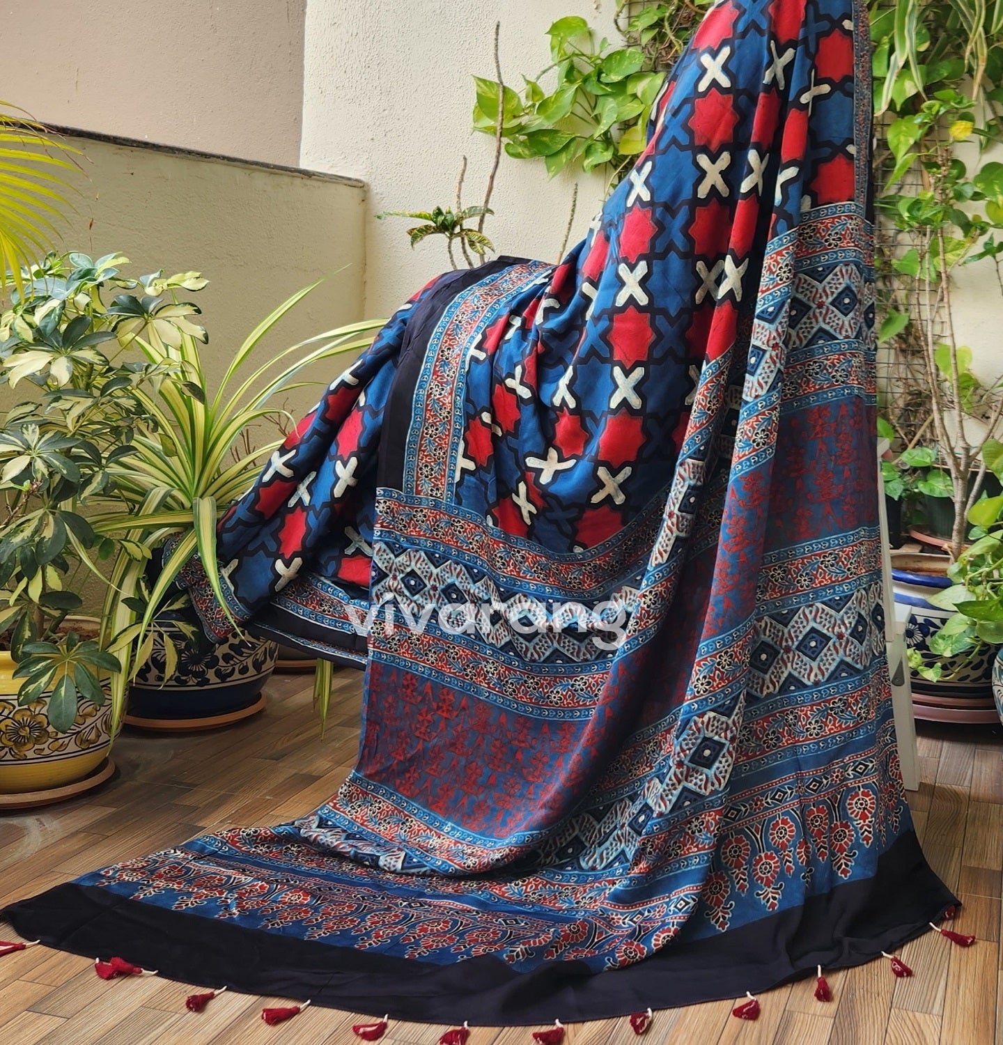 ajrakhsaree sarees ajrakh modal silk officewear blue saree – VIVARANG