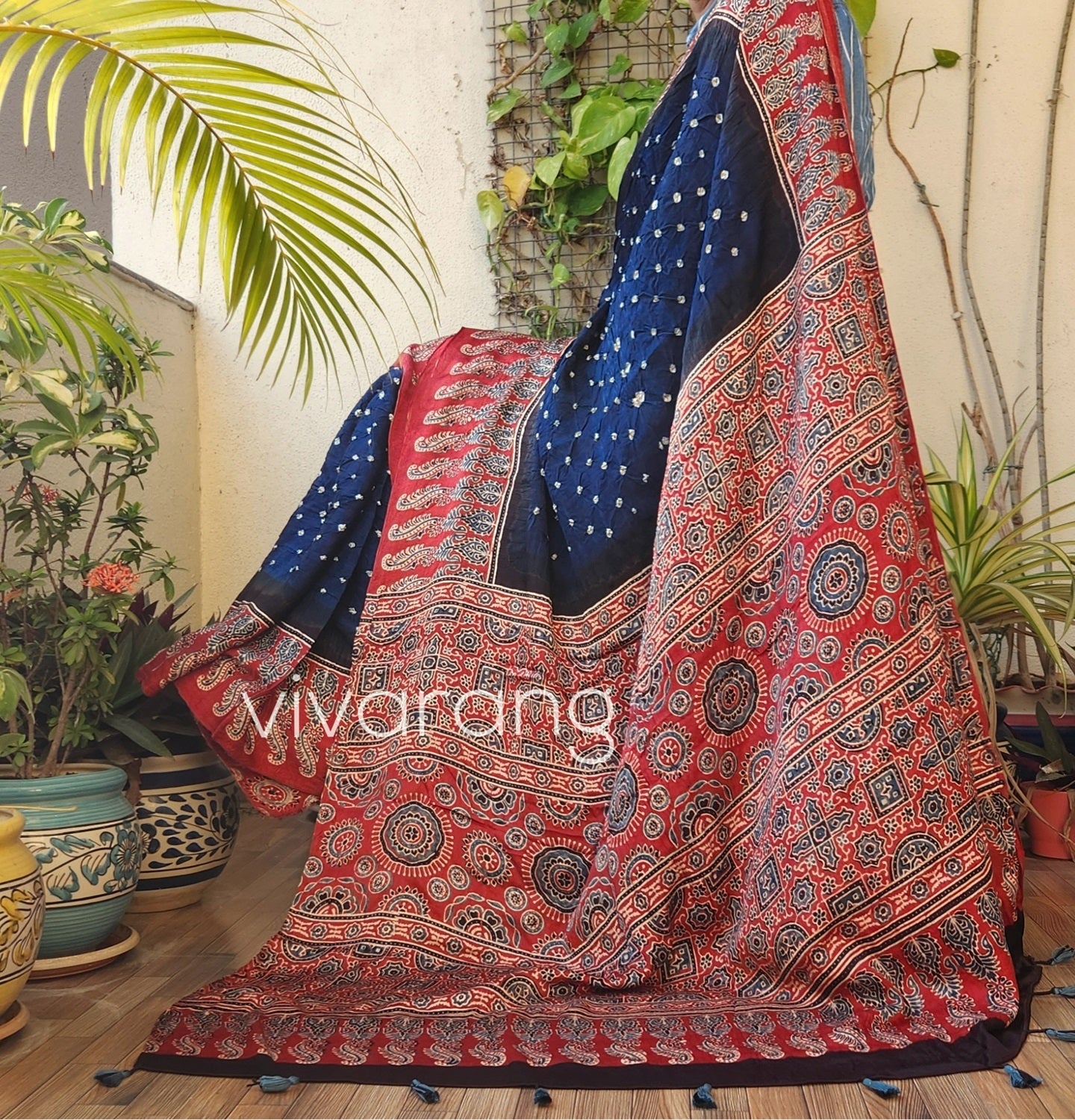 ajrakh saree indian sarees ajrakh bandhani red saree festival shopping haldioutfit bandhani saree