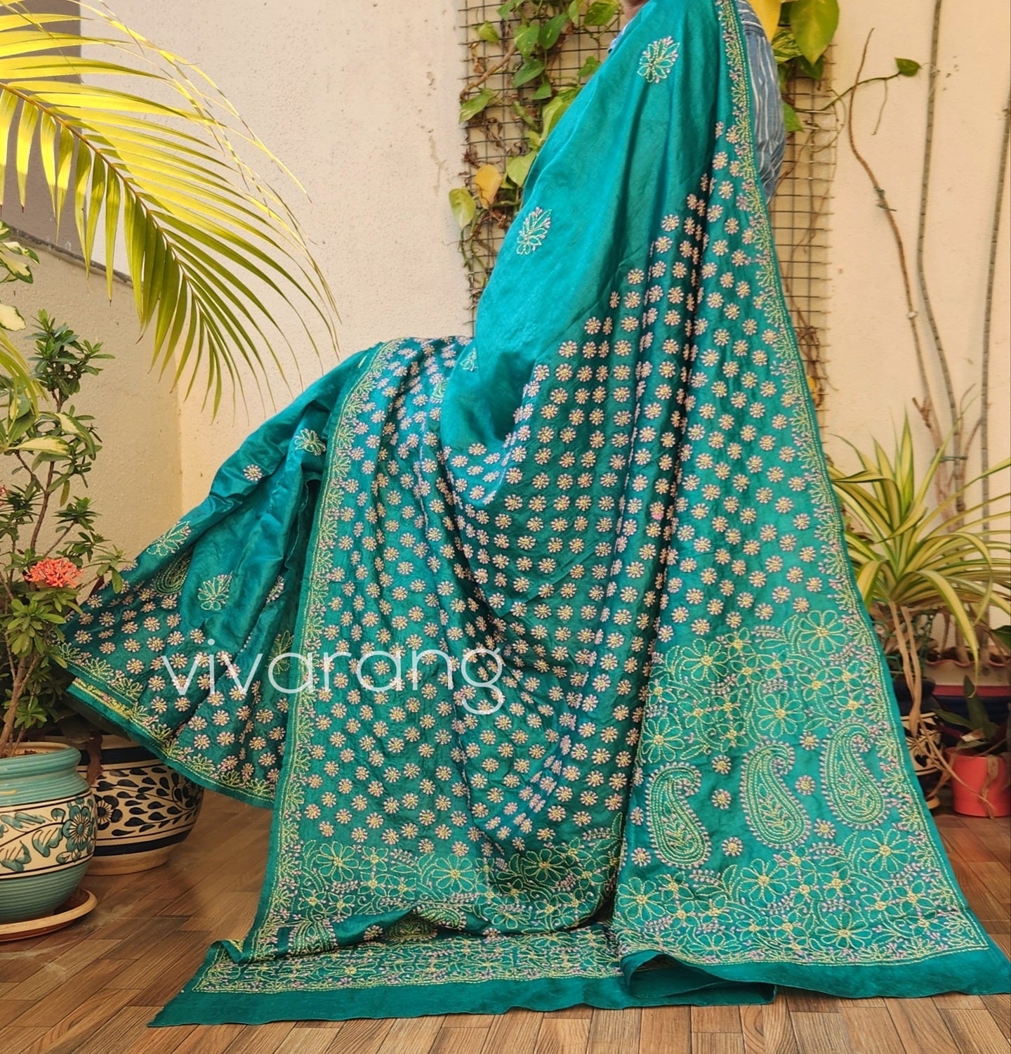 silksaree chikankari Turquoise saree alloversaree handembroidery lucknowisaree