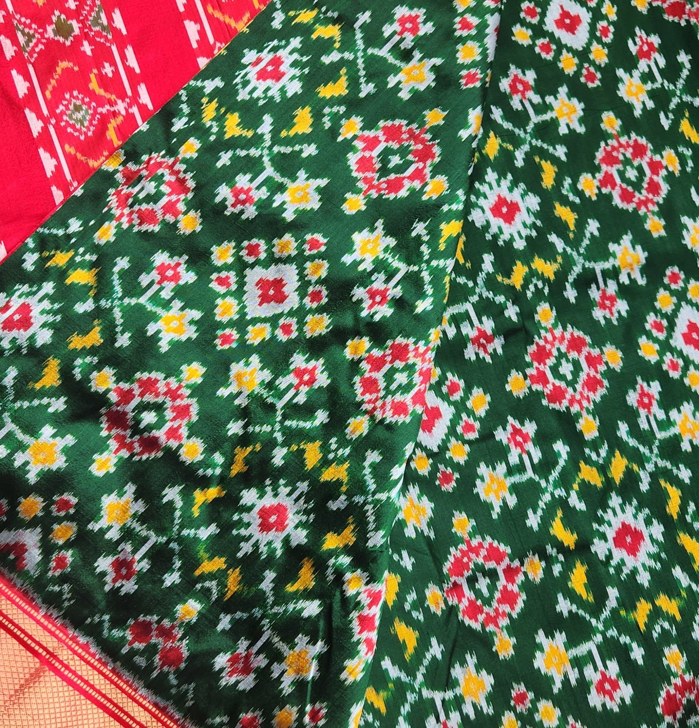 Ikat Silk Saree wedding shopping red saree green saree auspicious look Durag Puja saree mehndilook