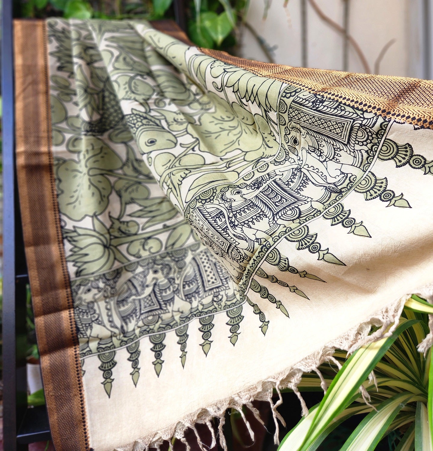 pen kalamkari silk dupatta Green dupatta Indian gifts