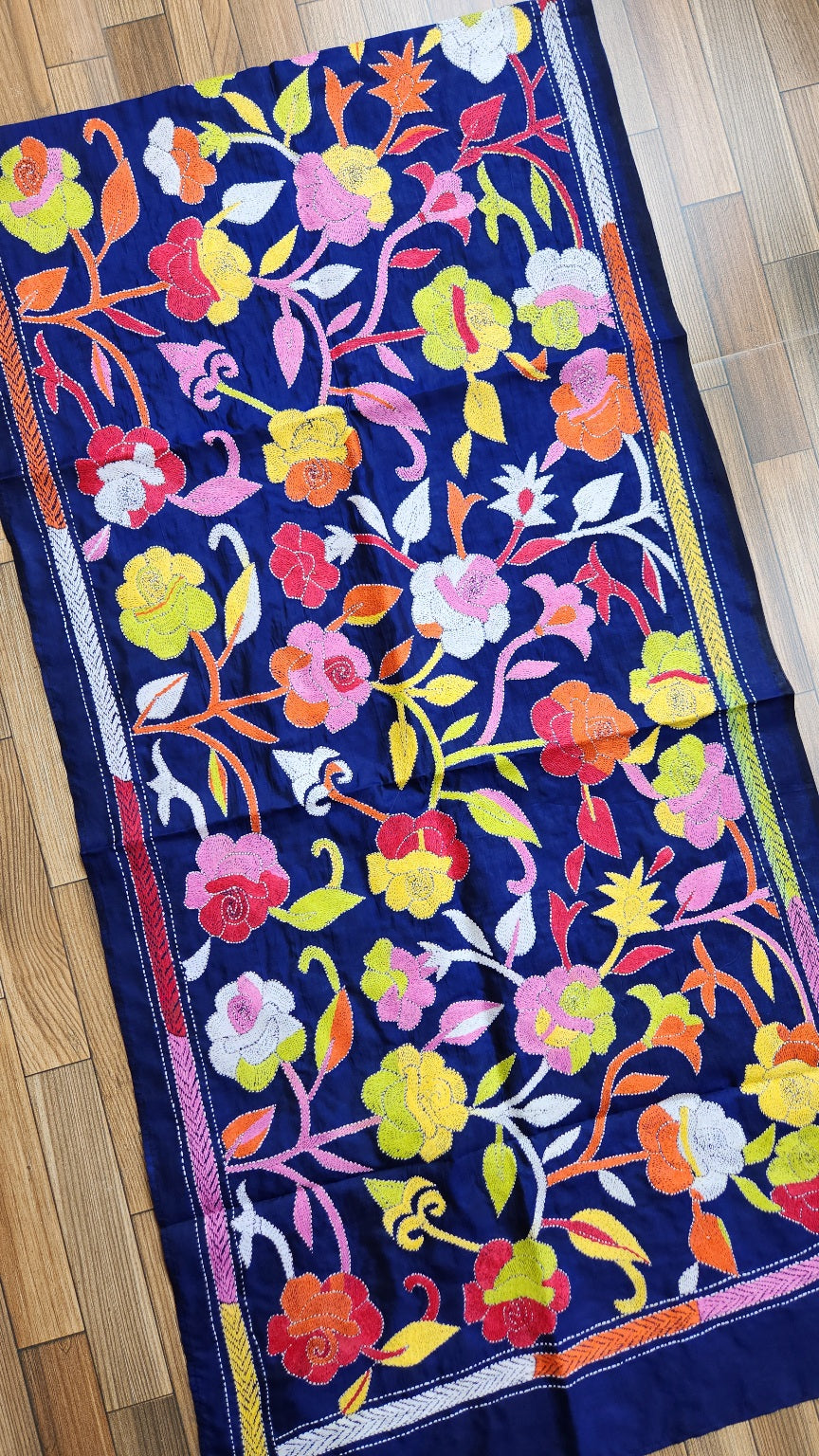 kantha stoles floral Indian gifts corporate gifts handmade slow fashion roses blue