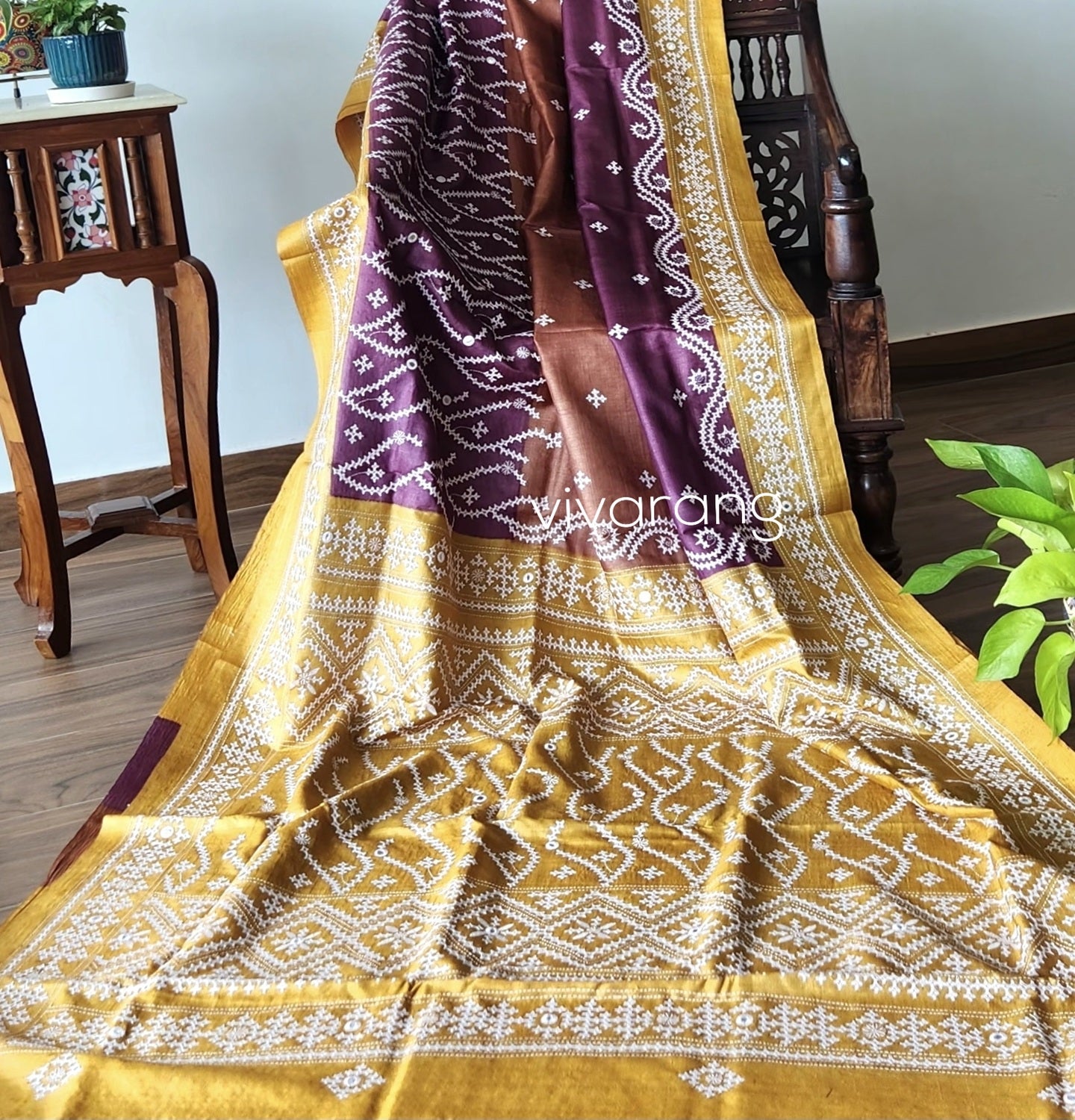 Kutchwork saree silk saree yellow saree purple saree saree for gifting wedding saree handmade sarees designer saree