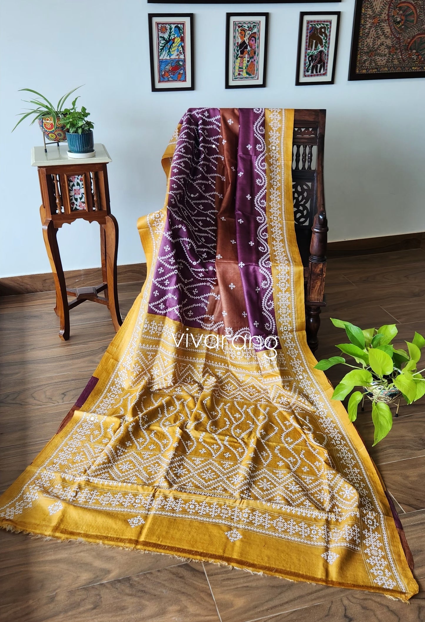 Kutchwork saree silk saree yellow saree purple saree saree for gifting wedding saree handmade sarees designer saree