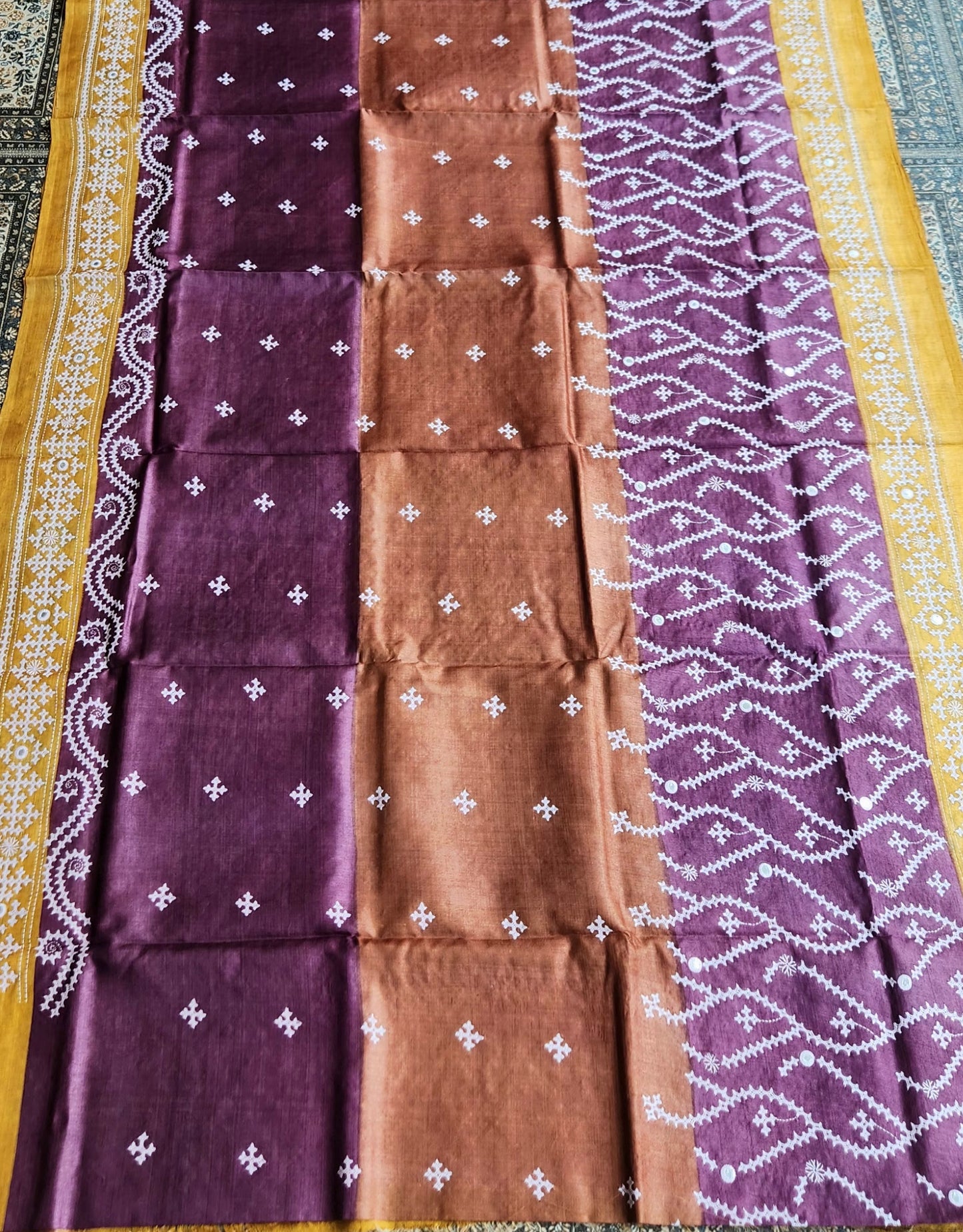 Kutchwork saree silk saree yellow saree purple saree saree for gifting wedding saree handmade sarees designer saree