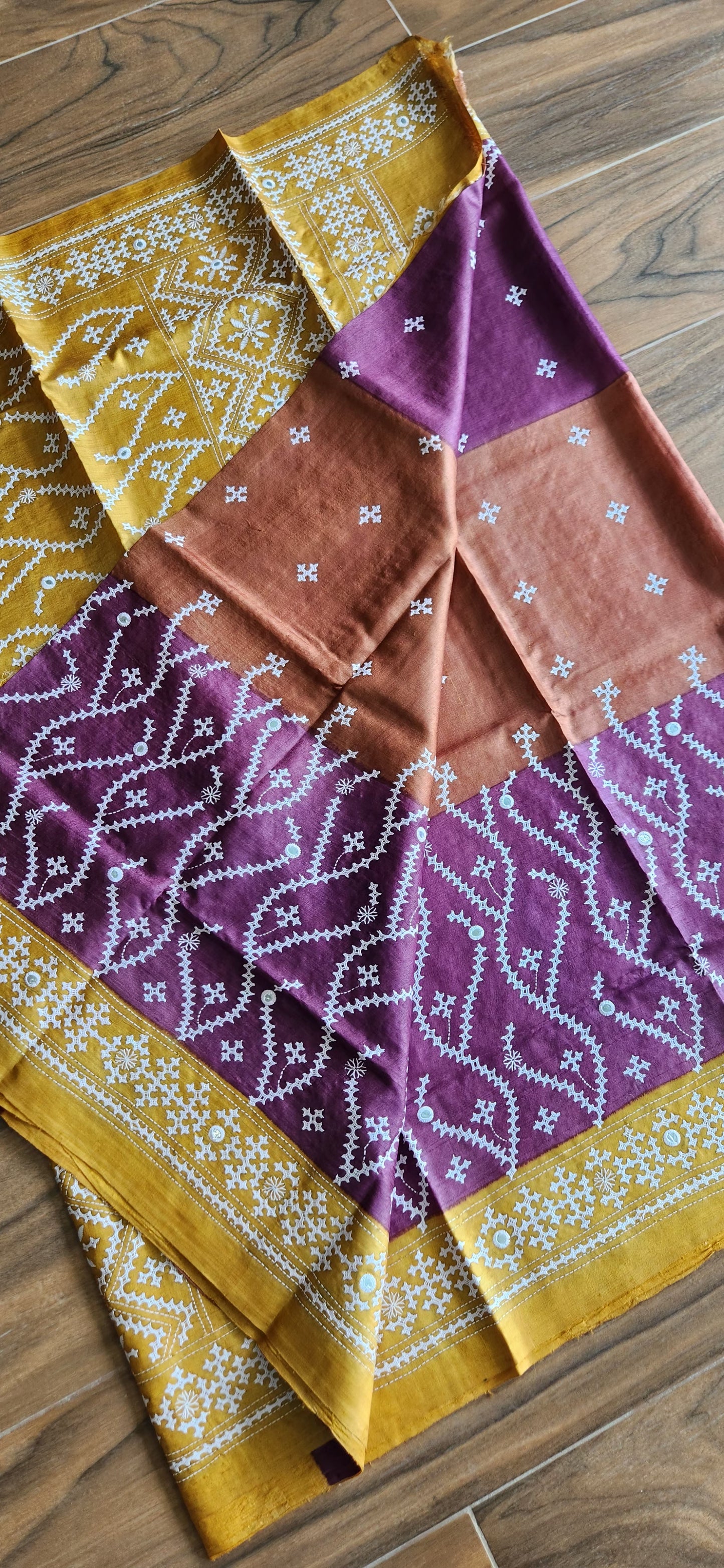 Kutchwork saree silk saree yellow saree purple saree saree for gifting wedding saree handmade sarees designer saree