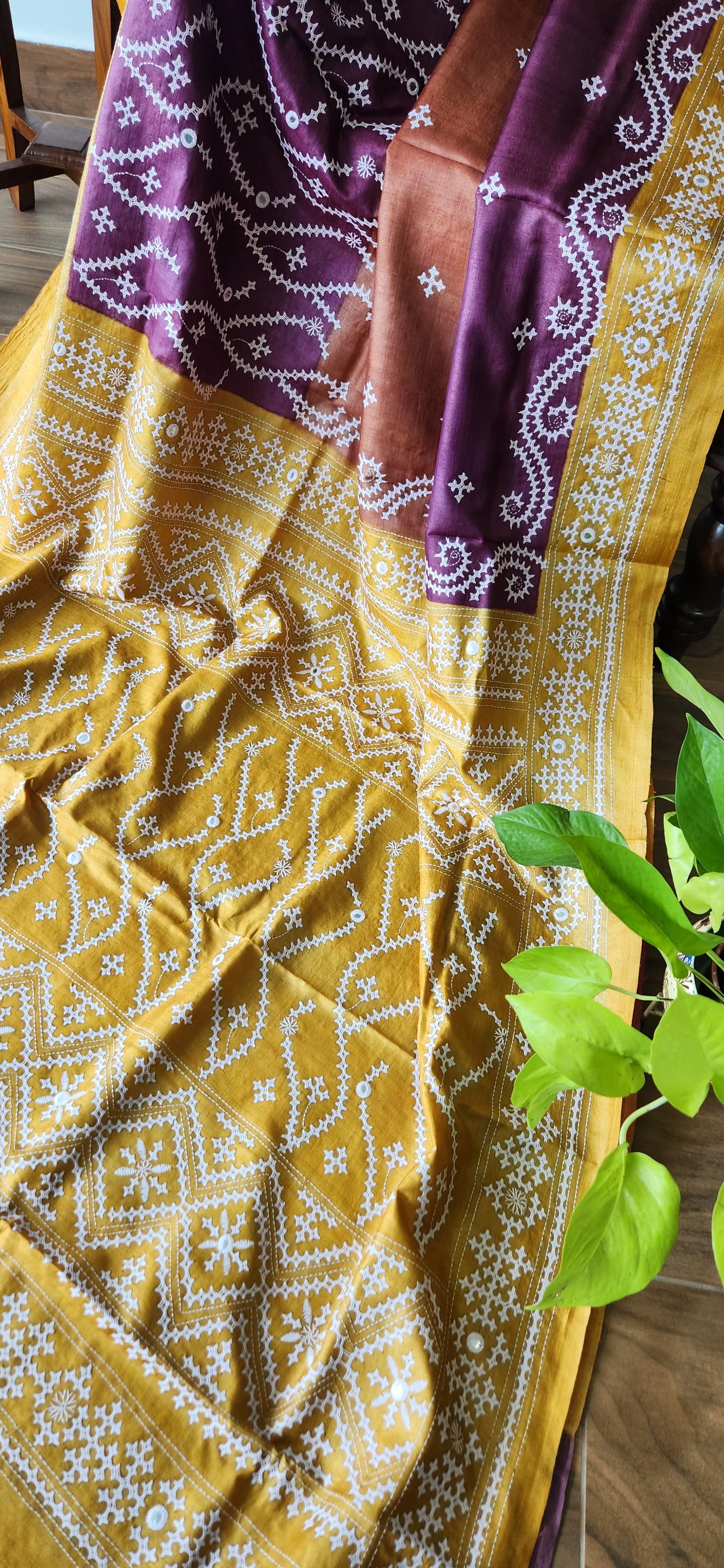 Kutchwork saree silk saree yellow saree purple saree saree for gifting wedding saree handmade sarees designer saree