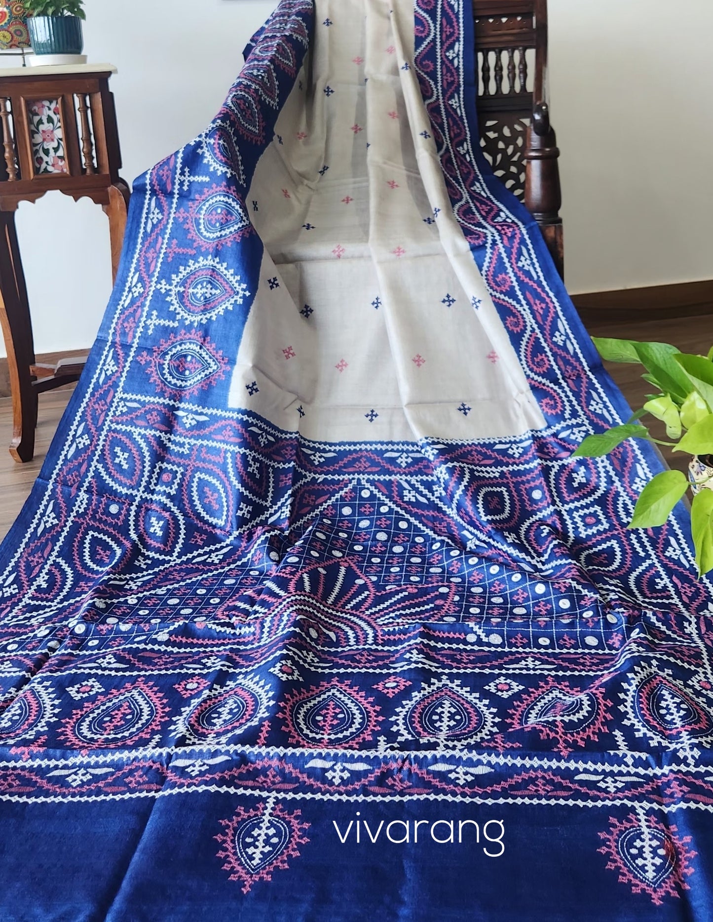 Kutchwork saree white saree blue saree designer saree tussar saree classy saree