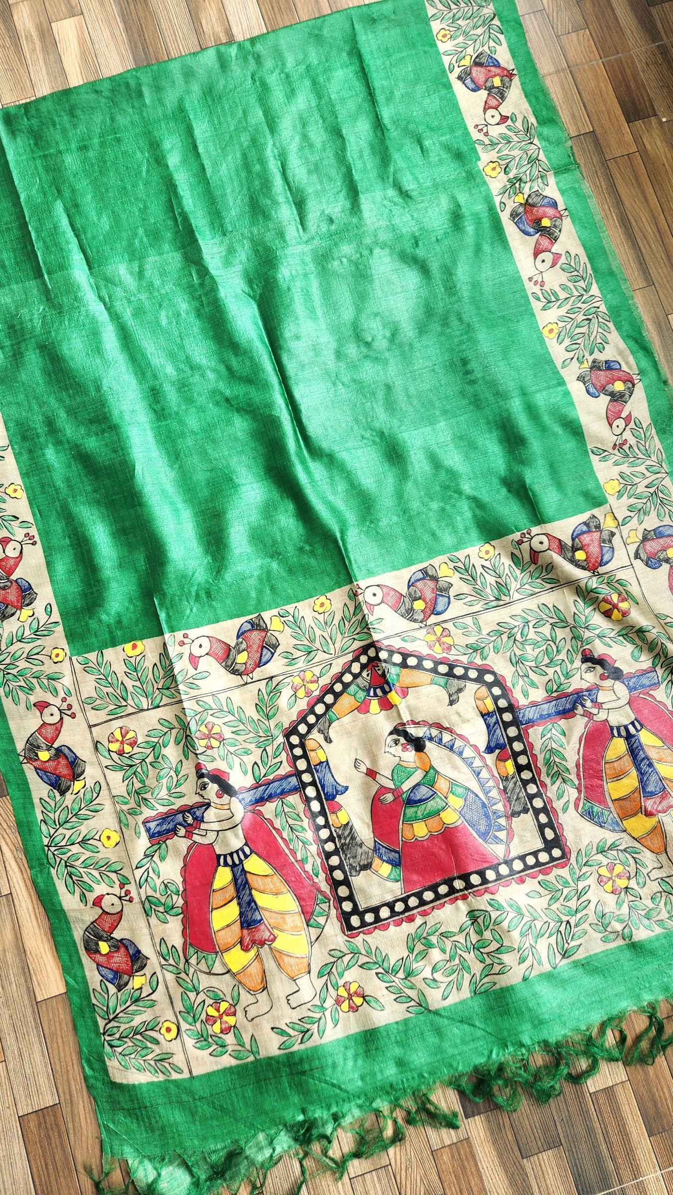 Madhubani dupatta handmade gifts Green dupatta silk dupatta