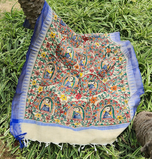 Blue dupatta handmade dupatta Indian gifts Madhubani dupatta officewear dupatta