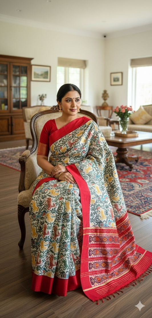 Ikat saree silk saree JUngle book saree animals saree red saree designer saree