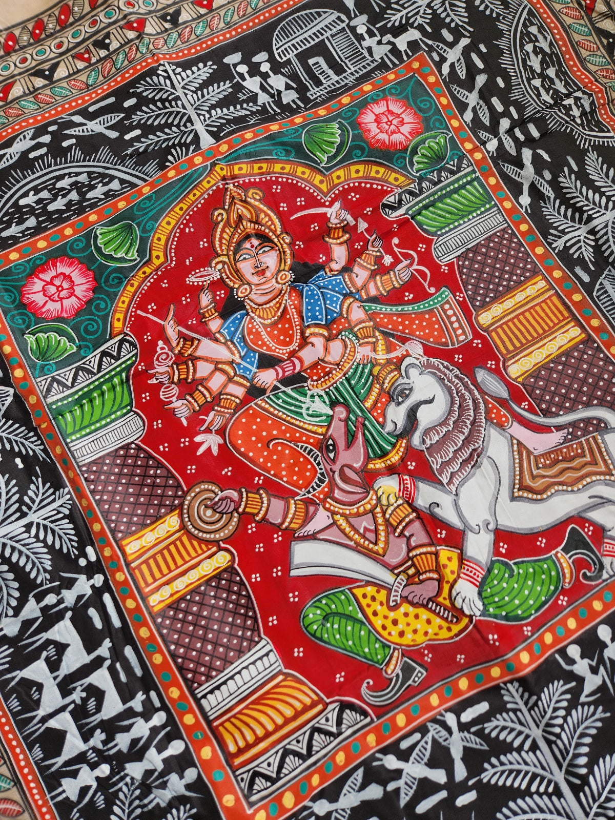 Pattachitra saree red saree wedding saree wedding shopping mehndi look Durga saree
