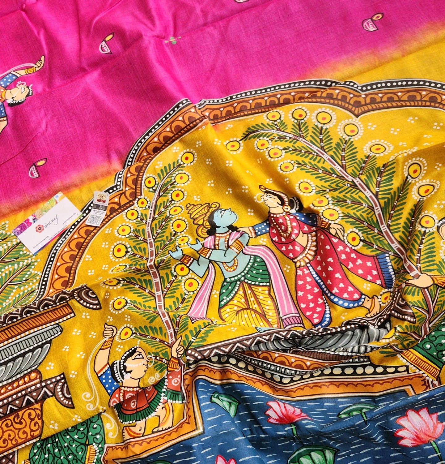 Pattachitra saree Pink saree wedding saree wedding shopping mehndi look Krishna Leela