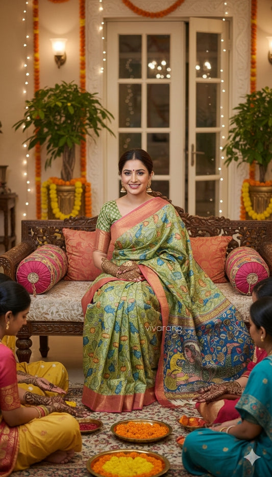 Pen kalamkari saree green saree saree for Mehndi function silk saree pattu saree designer saree Indian gifts