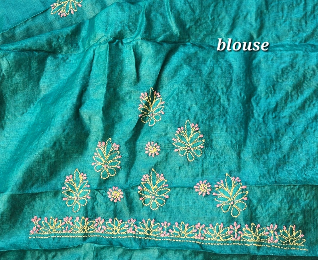silksaree chikankari Turquoise saree alloversaree handembroidery lucknowisaree