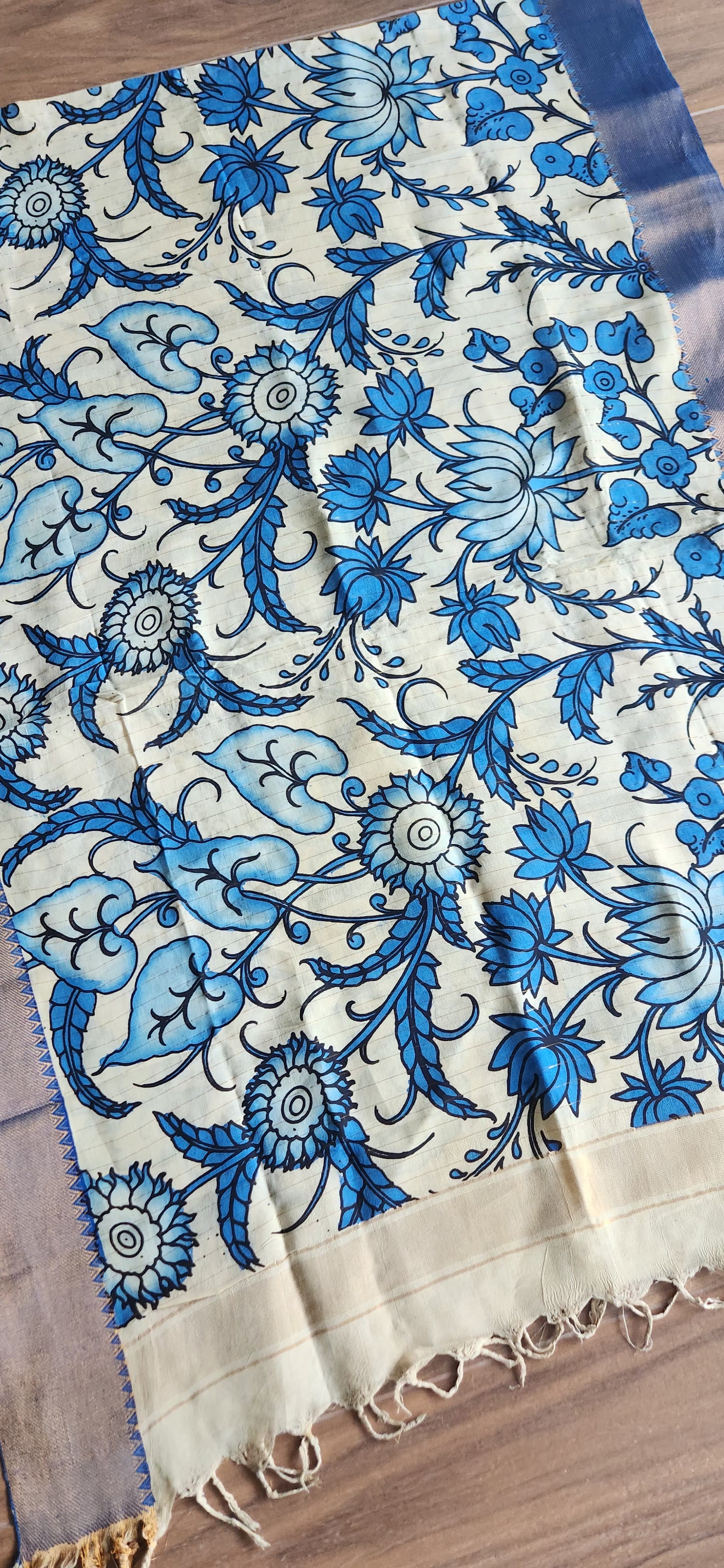 blue lotus dupatta pen kalamkari dupatta