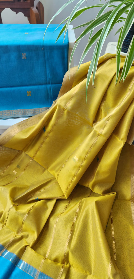 handloom suit set officewear suit dress for gifting yellow dupatta yellow blue combination Maheshwari