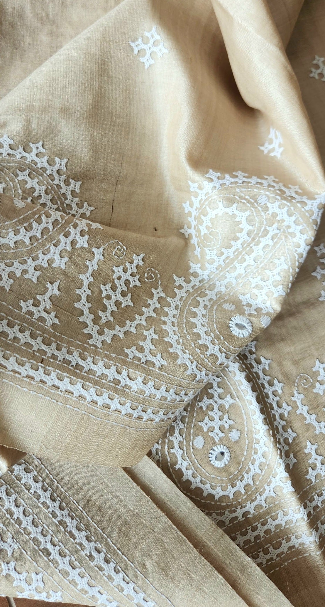 Beige saree tussar saree silk saree kutchworksaree