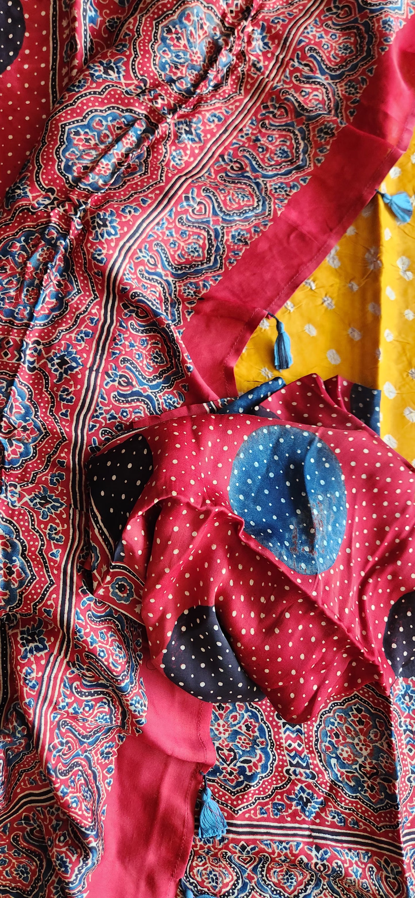 red saree yellow saree bandhani saree ajrakh saree Haldilook wedding saree