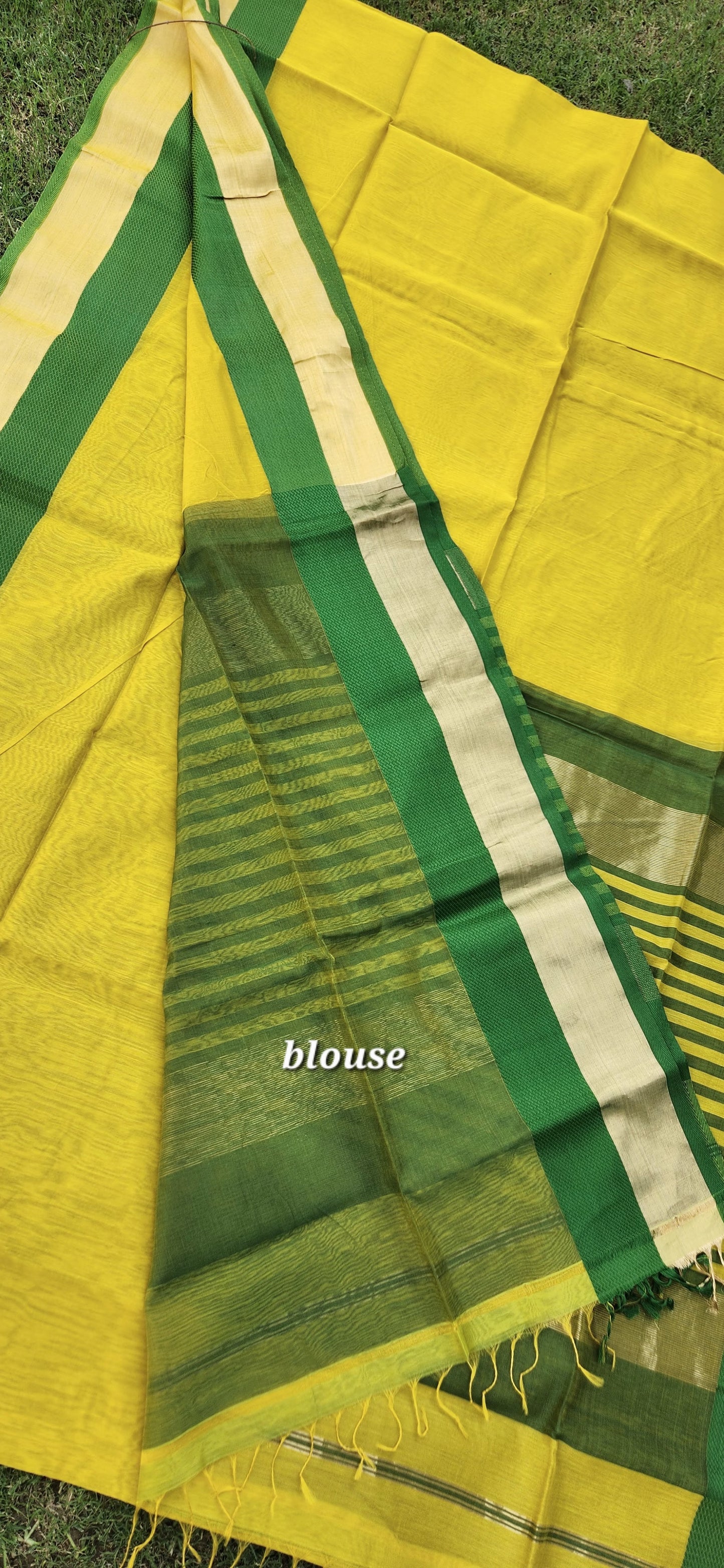 yellow saree green saree wedding shopping haldi look Maheshwari handloom saree