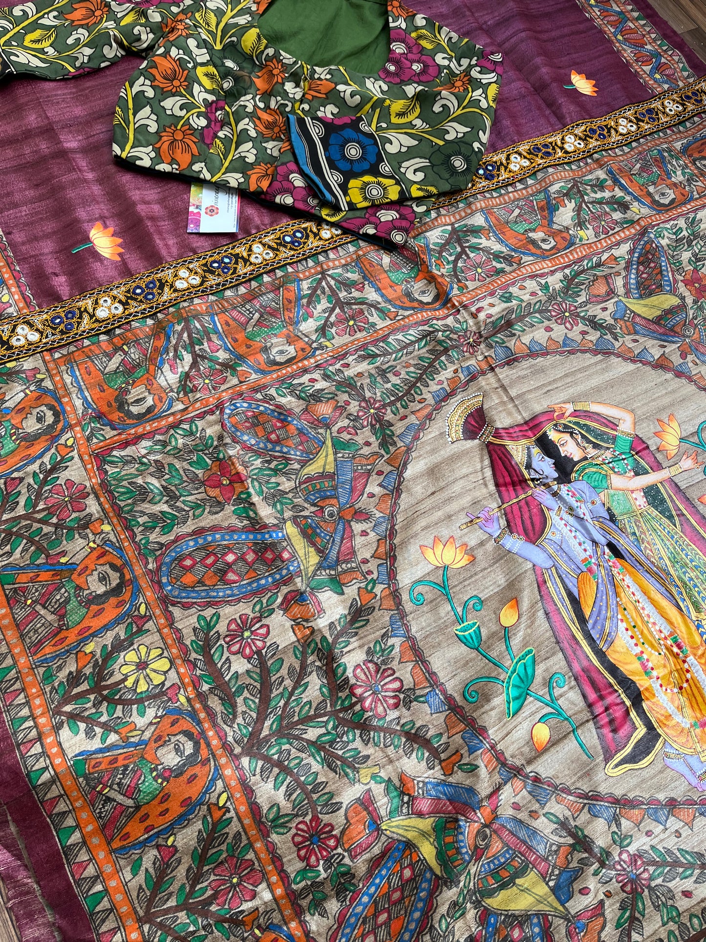 fusion saree madhubani saree wine color rosewoodpink sarees designersaree kutchwork pichwai