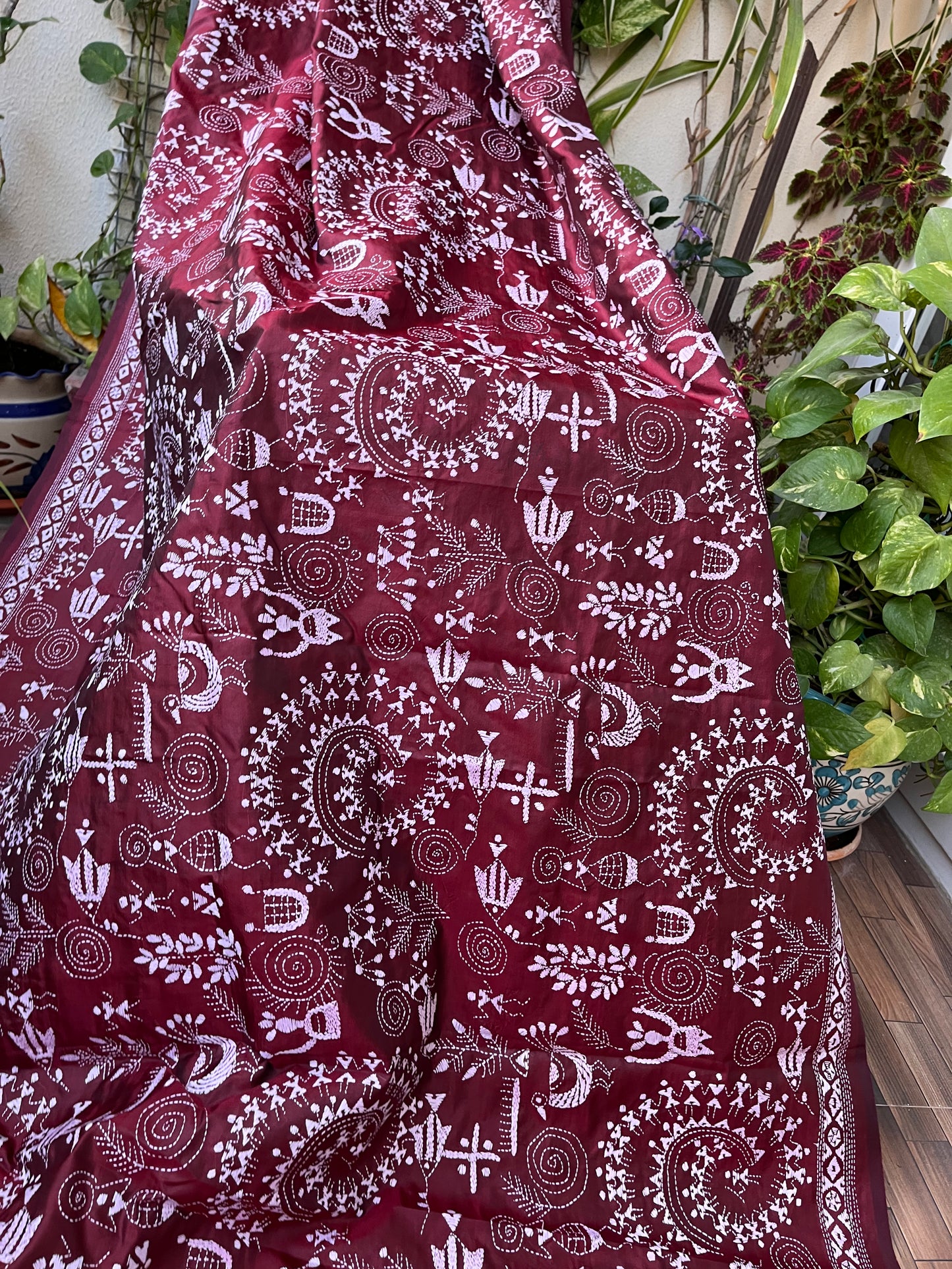 burgundy kantha dupatta warli dupatta handmade gifts wedding shopping