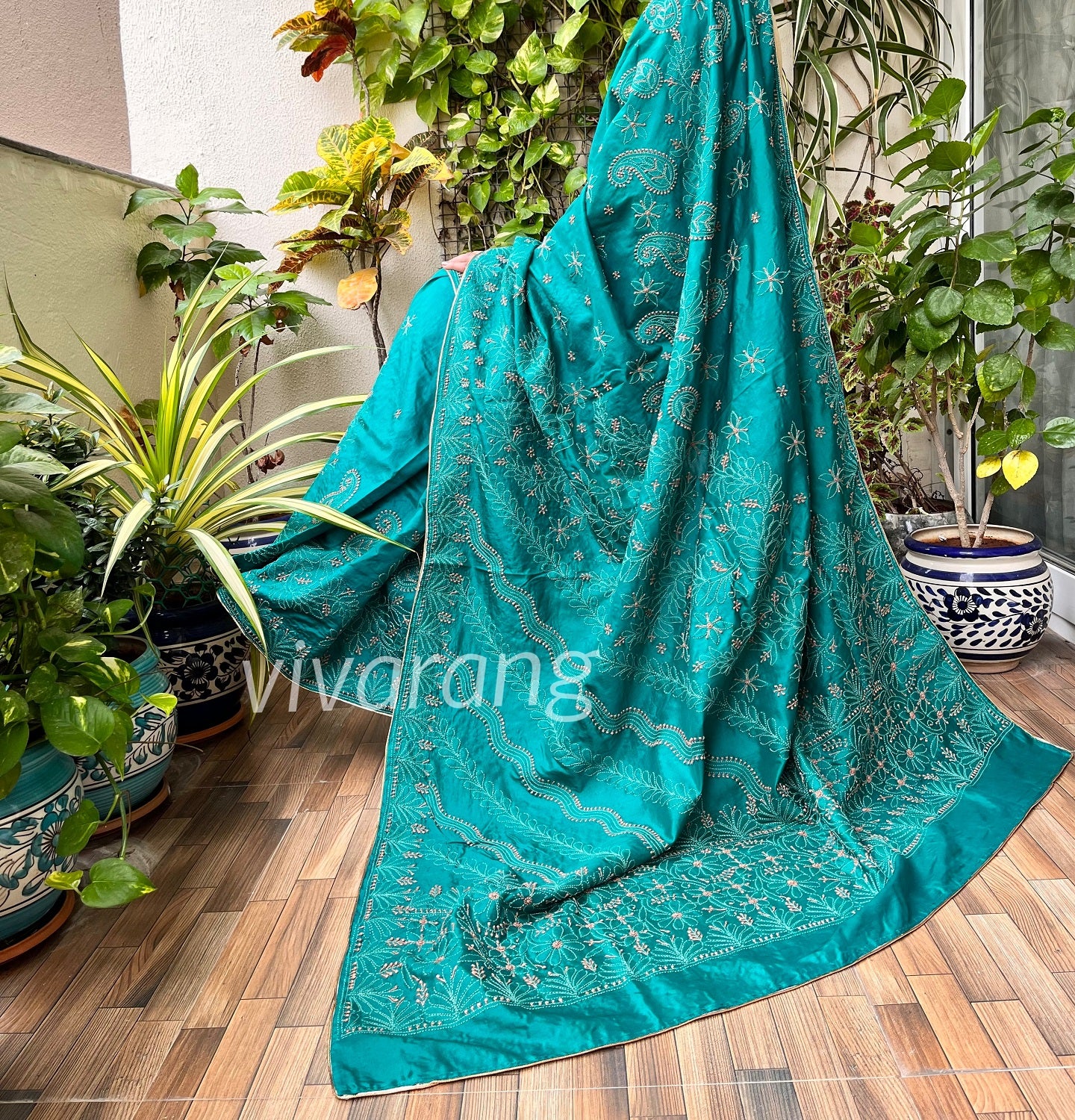 Blue saree chikankari saree wedding shopping online sarees lucknowi work  silk saree – VIVARANG