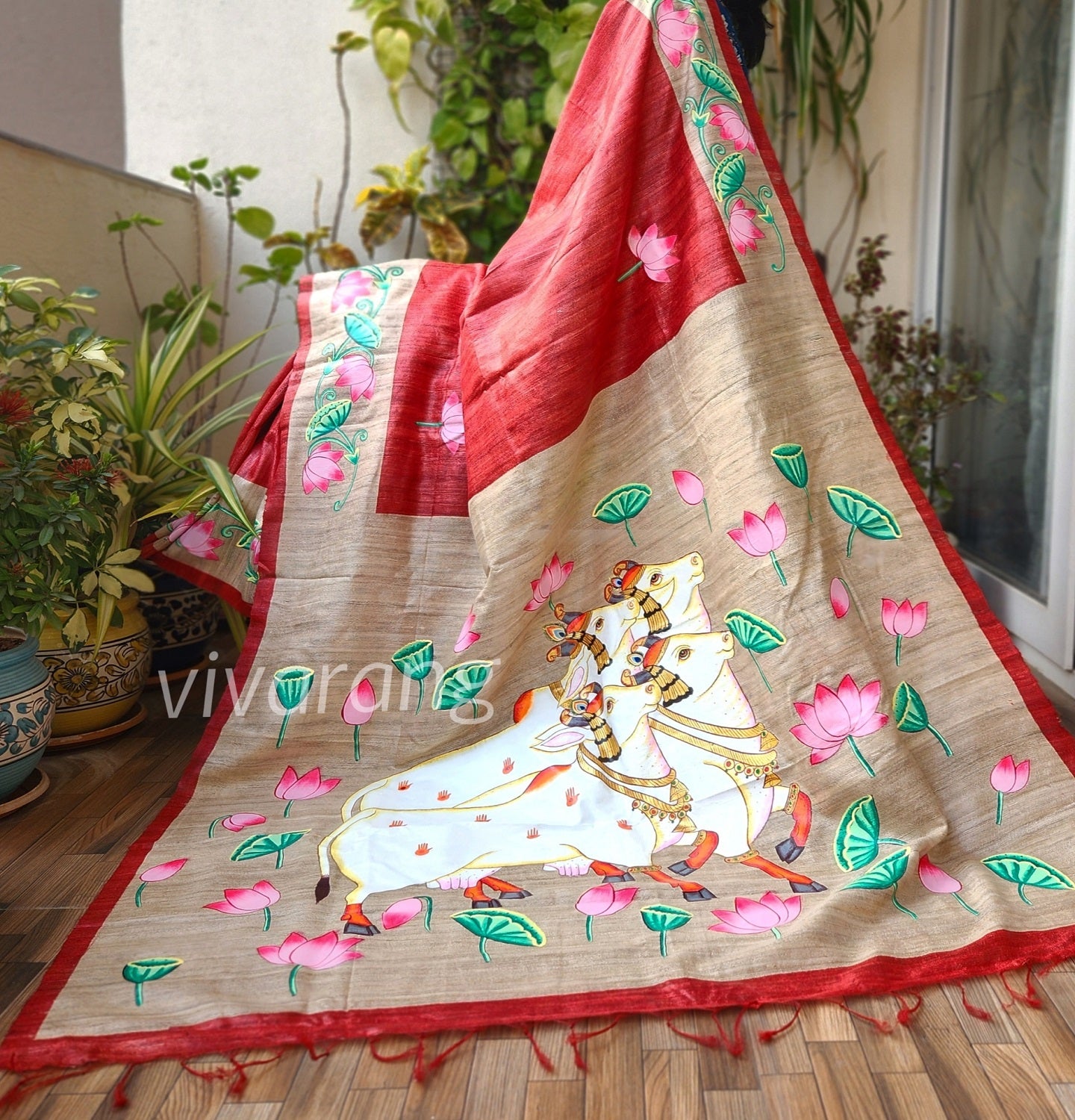 Red saree wedding shopping Pichwai saree cows Pichwai