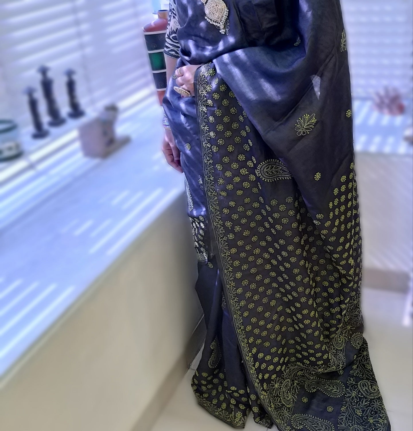 CHIKANKARI TUSSAR SILK SAREE