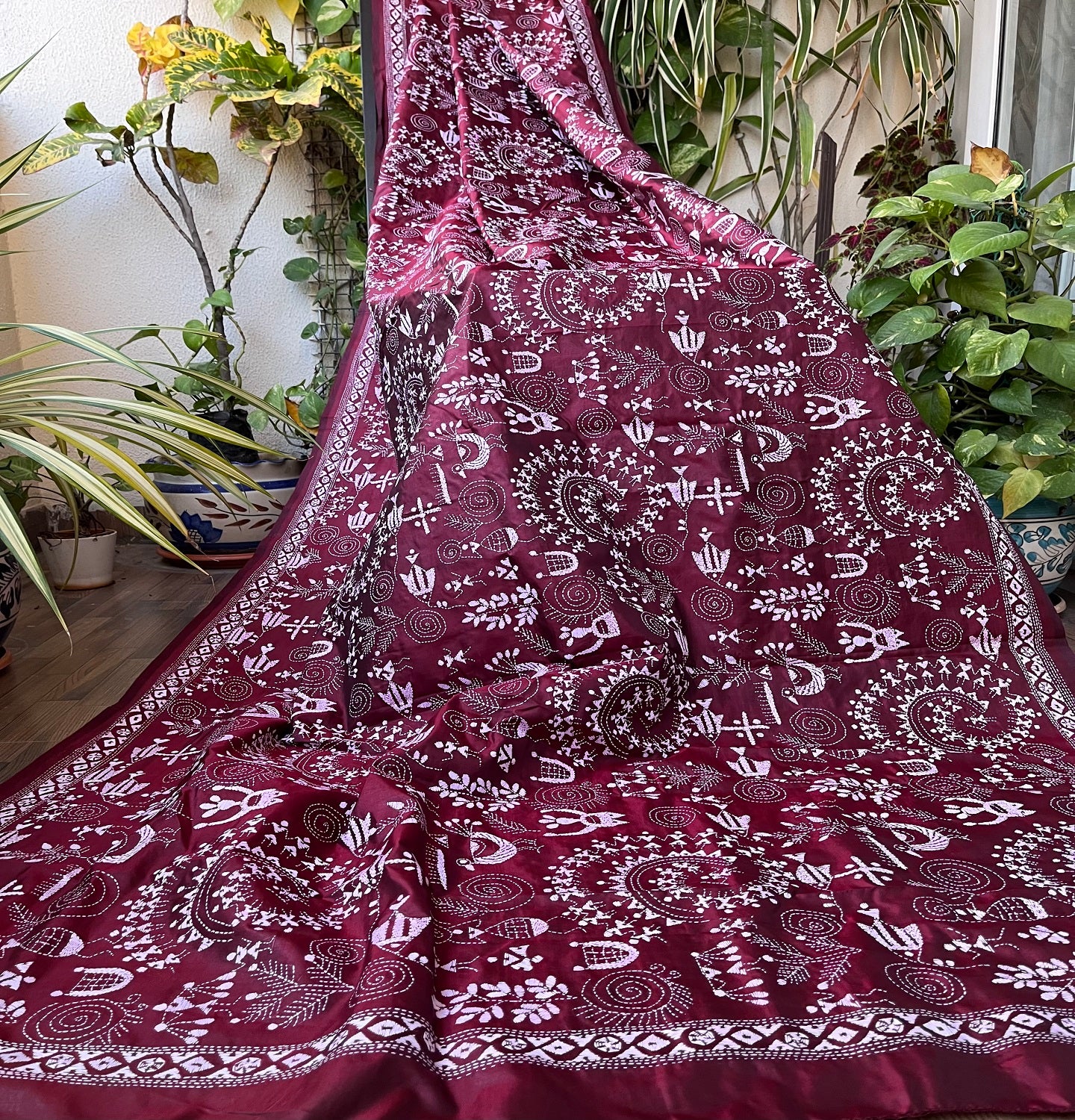 burgundy kantha dupatta warli dupatta handmade gifts wedding shopping