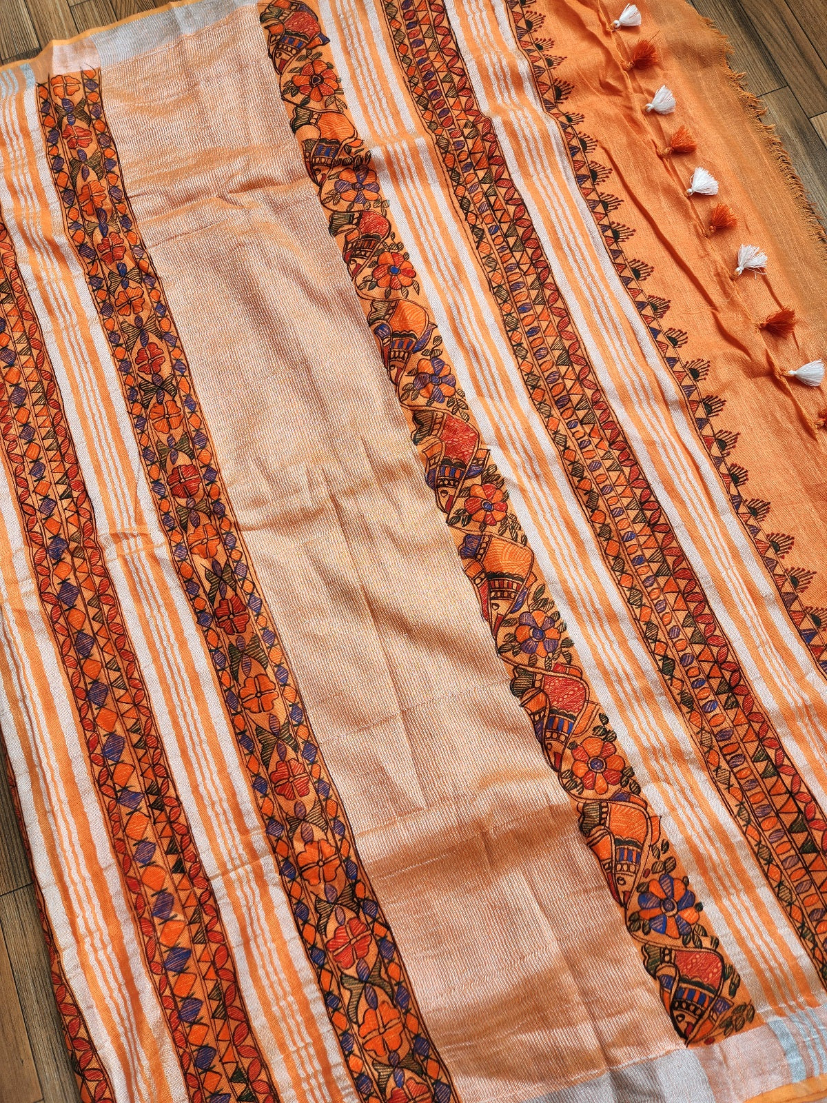 haldishopping wedding orange saree madhubani saree linen Indian sarees gifts