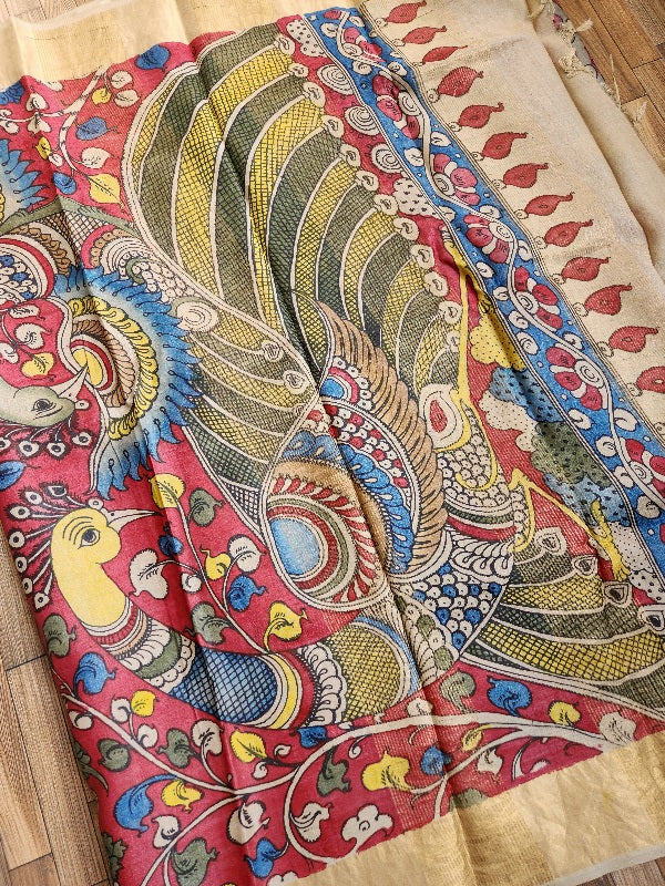 Pen kalamkari kalamkari sarees tussar silk kalahasti red saree wedding shopping