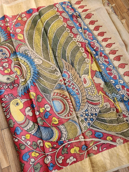Pen kalamkari kalamkari sarees tussar silk kalahasti red saree wedding shopping