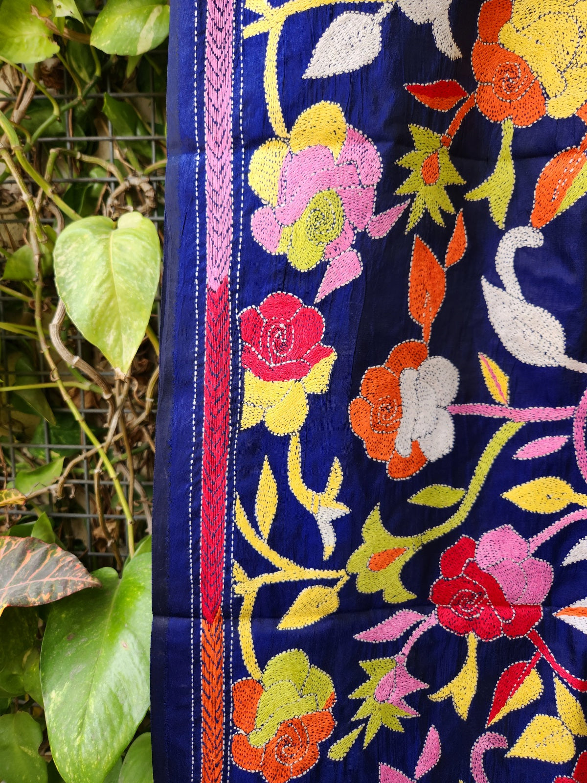 kantha stoles floral Indian gifts corporate gifts handmade slow fashion roses blue