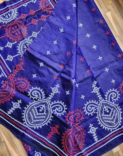 Blue silk saree handmade kutchwork saree kutchibharat