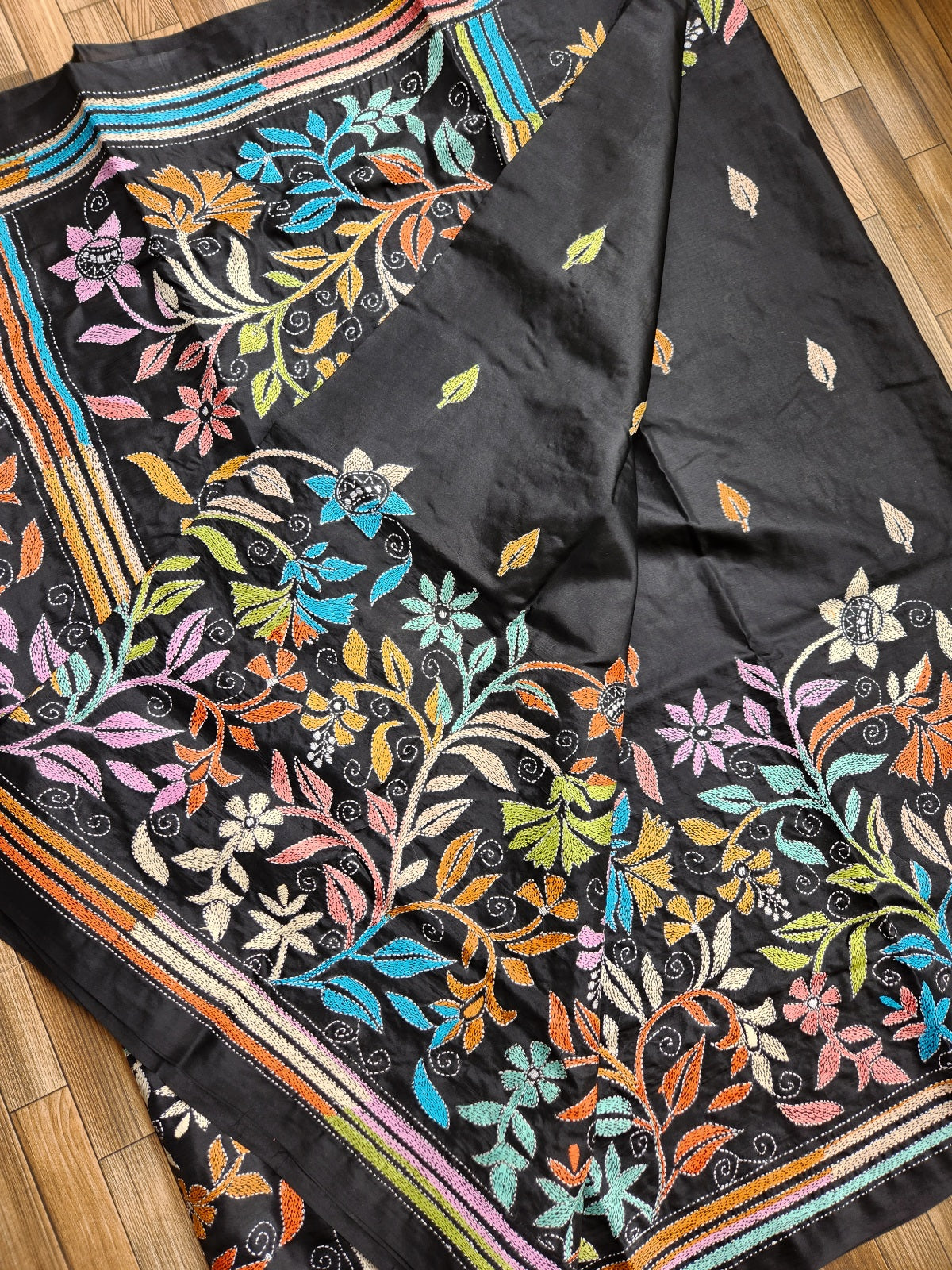 kantha saree sarees silksaree designersaree black floral kantha 