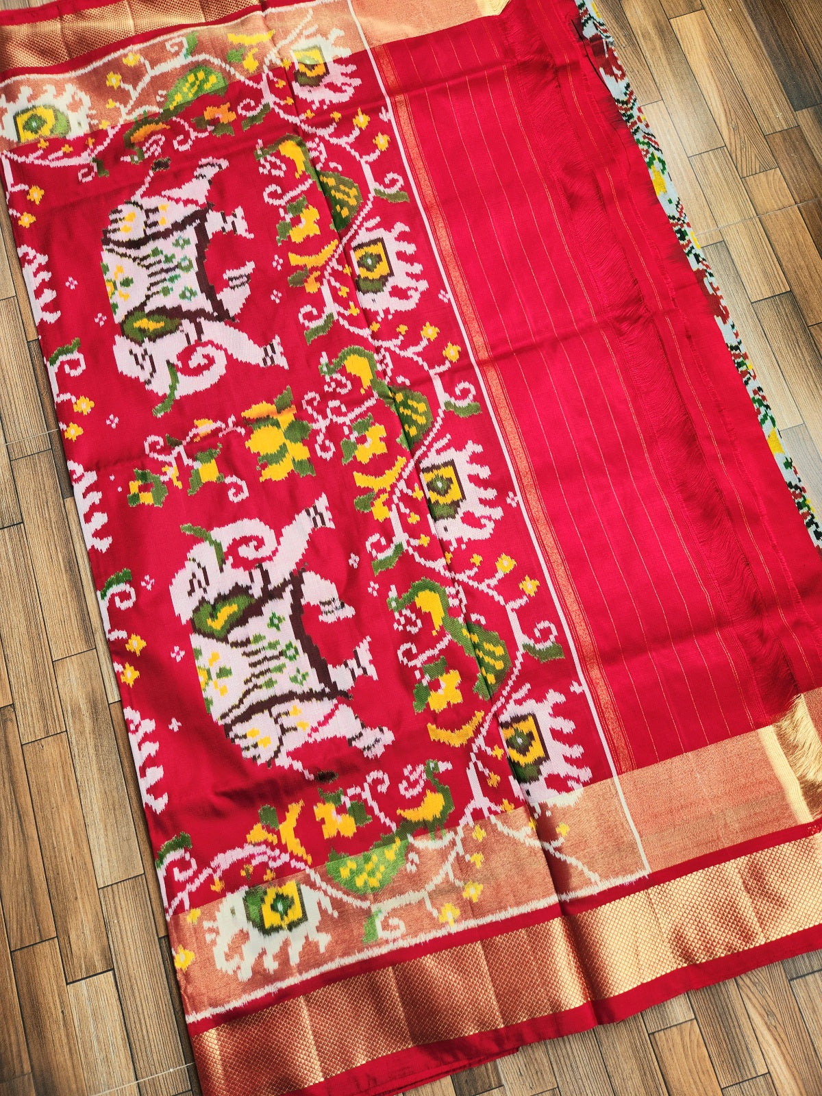 IKAT SILK SAREE wedding shopping Red green saree auspicious look Jungle book saree gajja elephants