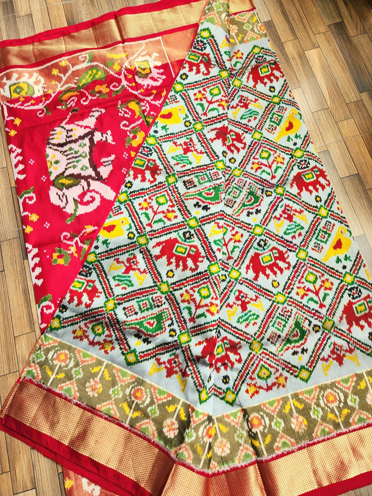 IKAT SILK SAREE wedding shopping Red green saree auspicious look Jungle book saree gajja elephants